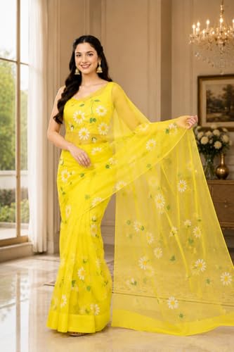 Jogal Women's Yellow Floral Organza Saree - Image 3