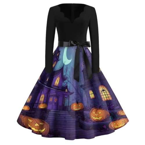 Vestido de vuelo años 50 con calabazas para lucir elegante en eventos de halloween