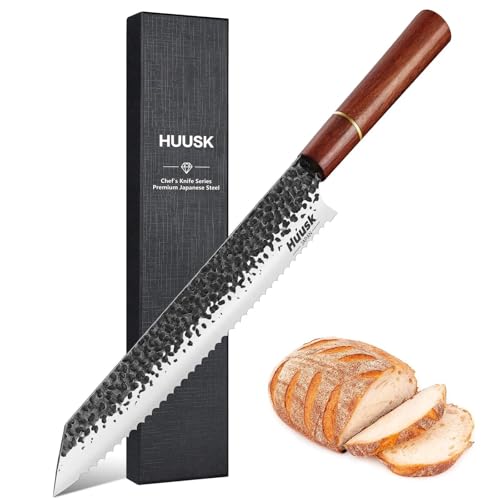 Huusk Japanese Bread Knife, 9.7 Inch Long Serrated Bread Knife, Lightweight Slicing Breads Knives for Cutting Homemade Sourdough Breads, Serrated Knives, Christmas Gifts for Men and Women