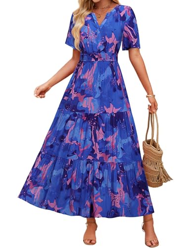 Image of ZESICA Women's 2026 Summer Spring Floral Boho Maxi Dresses Casual Short Sleeve V Neck A Line Flowy Beach Vacation Dress