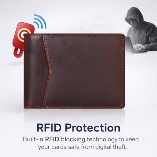 Image of Contacts Men's Genuine Leather Wallet | RFID Blocking Bifold Wallet for Men | Up to 8 Card Slots Including 1 ID Window (Brown)