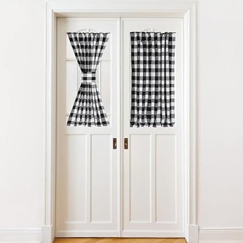 Kaaltisy Cotton Door Curtains Buffalo Check French Door Curtains with Dual Rod Pocket Light Filtering Curtain Draperies for Glass Door, 54" Wx40 L, White Black Grid Cover