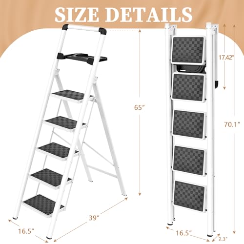 HBTower Step Ladder, Step Ladder Folding Step Stool, Portable Sturdy Steel Ladder Stool for Adults with Wide Pedals Home Outdoor Kitchen, White - Image 6