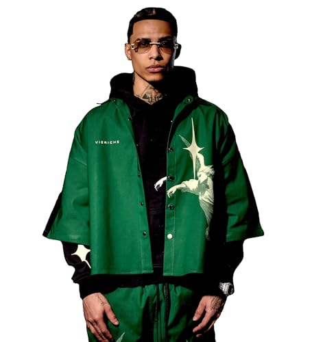 2-Piece Streetwear Set – Men’s French Terry Hoodie & Poly-Twill Woven Shirt with Printed Graphics Black/Green - Main Image