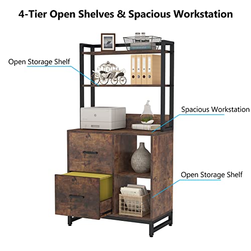 Tribesigns 2 Drawer File Cabinet For Letter Size, Vertical Filing Cabinet With Bookshelf, Large Industrial Printer Stand With Open Storage Shelves For Home Office, Brown #TOP5