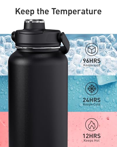 TOURIT 32 oz Insulated Water Bottle, Stainless Steel Sports Water Bottles With Top Handle, Double-Wall Travel Thermal Water Flask, BPA Free Leakproof Water Bottle for Sports and Travel (Obsidian) - Thumbnail 3