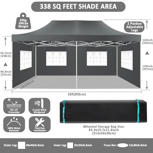 Image of COBIZI 13x26 Pop Up Canopy Tent,Heavy Duty Canopy(Gray with 6 Sidewalls)