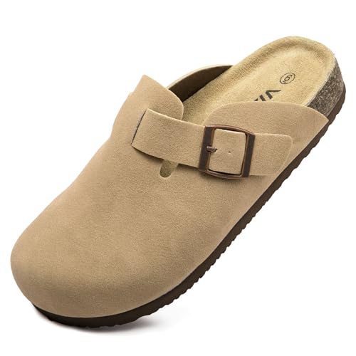 Vayfio Women's Suede Clogs with Cork Footbed Khaki