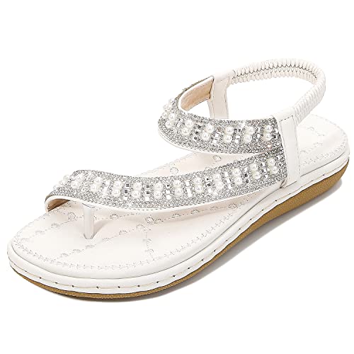 iCKER Women's Flat Sandals Ladies Thong Flat Sandals Bohemian Beaded Strap Sandals Diamante Rhinestone Leather Sandals