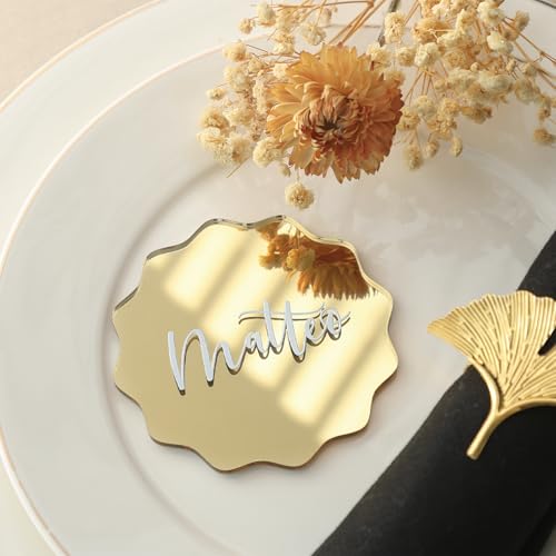 UNIQOOO 20 Pcs Mirror Gold Acrylic Place Cards, 3.2 inches Circular Wavy DIY Name Place Card, Smooth Edge, Acrylic Table Sign, Perfect for Wedding Table Decor, Centerpiece, Decoration, Anniversary