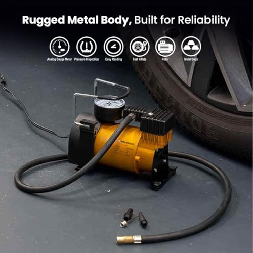 Image of MEGAAUDIO 12V DC Portable 2-In-1 Car Tyre Inflator & Air Compressor | 150 PSI Analog Pressure Gauge | 30LPM Air Flow | Durable Metal Body | 3M Power Cord & Cigarette Lighter Plug for Car,Bike & SUVs