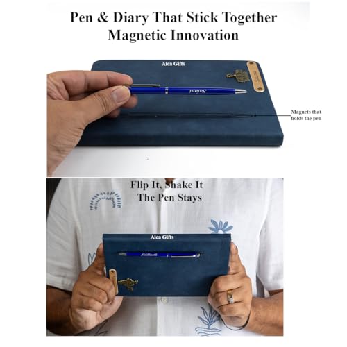 Image of AICA Personalized Name & Charm Magnetic Stick Leather (Navy Blue) Diary A5 Size 180 Pages & Roller Pen | Customized Corporate Gift for Men Women | Diwali Gifts for Family and Friends | Diwali Gift