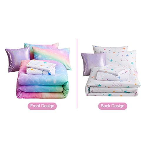 Btargot Super Soft 6 Pieces Gradient Star Sky Comforter Set, Colorful Rainbow Star Pattern Bedding Set For Boys Girls Teens, Full Pink Green #TOP7