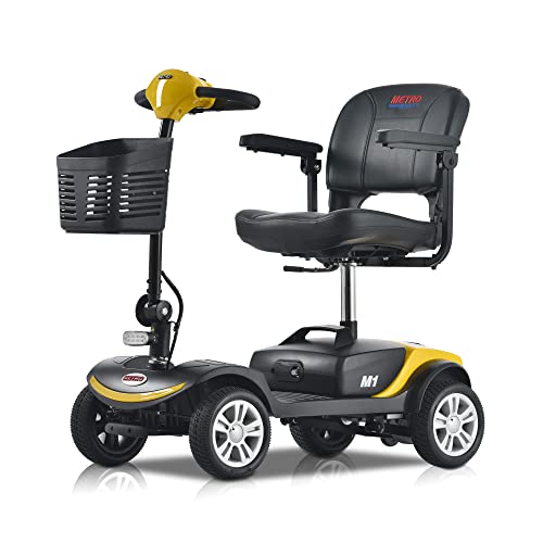 Metro Mobility Compact Travel Electric Powered Mobility Scooter for Adults and Seniors - 300 lbs Max Weight, Foldable, Lightweight, 4 Wheel, Thick Leather Seat, Large Capacity Lead-Acid Battery-Yellow