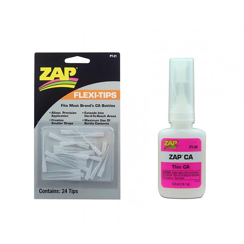 ZAP PT09 Super Thin CA 1/2oz AND PT21 Flexi-Tips Glue Applicators (24), Suitable for Fibreglass, Balsa Wood, China, Cloth, Pottery and Rubber