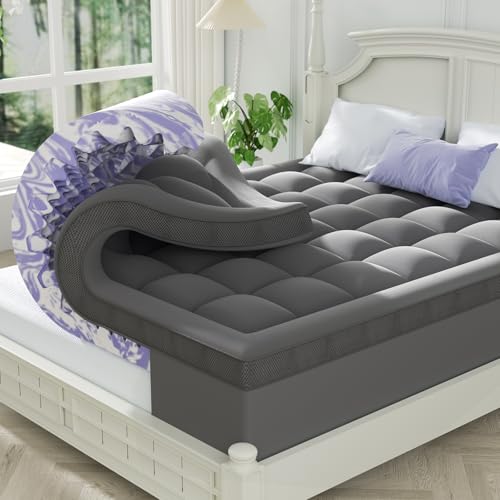 Image of ChiXpace Dual Layer 4 Inch Memory Foam Mattress Topper Queen - 2 Inch Gel Memory Foam and 2 Inch Pillow Top Mattress Pad, 7-Zone Egg Crate Queen Size Mattress Topper (Grey)