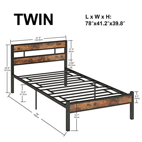 LIKIMIO Twin Bed Frame with Headboard, Easy Assembly, Noise-Free, No Box Spring Needed, Heavy Strong Metal Support Frames, Vintage Brown