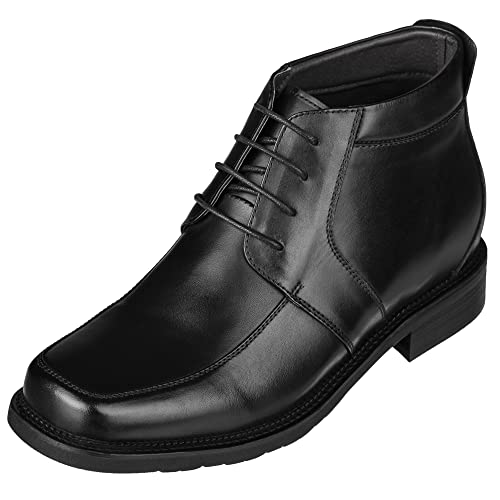 CALTO Men's Invisible Height Increasing Elevator Shoes - Black Premium Leather Lace-up Square-toe Ankle Boots - 3.2 Inches Taller - G9905 - Size 6.5 D(M) US