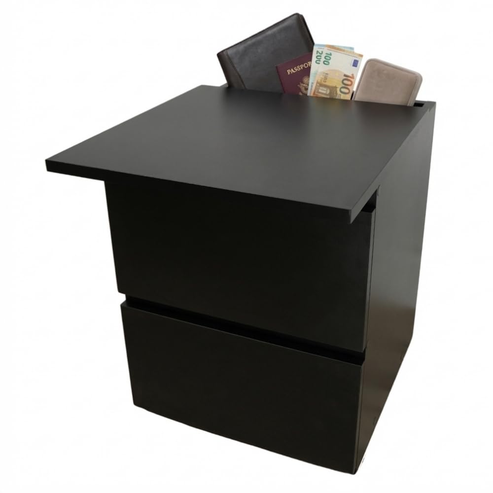 Beetle Wood - Cajonera negra con compartimento secreto y doble fondo invisible | Mueble camuflado con cerradura NFC y app móvil | Caja fuerte oculta para dinero, joyas y documentos | Montado