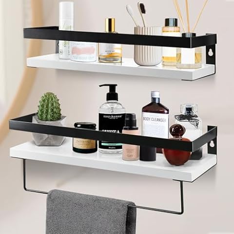 2 Pack Bathroom Floating Shelves for Wall, Floating Wall Shelves for Bathroom Décor, Shelves for Wall Storage, White Wall Shelving with Black Metal and Towel Rack for Bathroom,Living, Kitchen,Office Cover