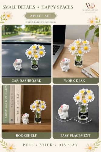 Image of 2-Piece Rabbit and Daisy Vase Car Dashboard Decor Set