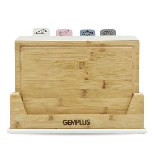 Image of GEM+ Bamboo Chopping Boards Set of 4 with Stand, Colour Coded Cutting Boards for Meat Fish Vegetables Bread, Natural Bamboo Material, White Trim