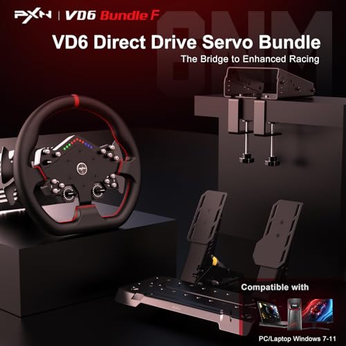 PXN VD6 Direct Drive Bundle - PC Steering Wheel and Pedals – 6 Nm Direct Drive Servo Motor Base, W DS R2 Racing Wheel, Hall Effect 2-Pedal, and Table Clamp – Professional Sim Racing Setup for Windows PC (7–11) - Image 3