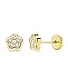 Orecchini da bebè, da bambina, a forma di fiore con zirconi, da 6 x 6 mm, in oro giallo 18 carati, con chiusura a vite