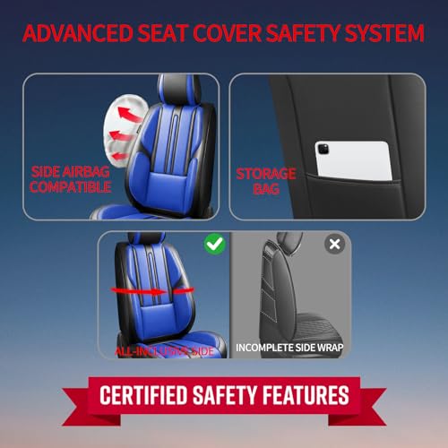 Image of Fit Acadia Car Seat Covers (Only Front 2 Seats) Compatible with GMC Acadia 2007-2024 2025 2026 - Full Coverage Breathable Leather,Airbag Compatible,Waterproof & All-Weather,Black-Blue