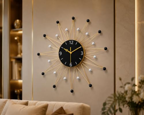 Image of Modern Sunburst Metal Wall Clock Gold & Black for Living Room