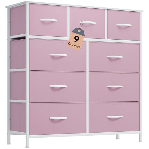 DWVO Dresser for Bedroom with 9 Drawers, Fabric Storage Dresser for Living Room, Closets - Sturdy Steel Frame, Wooden Top & Easy Pull Fabric Bins(Pink)