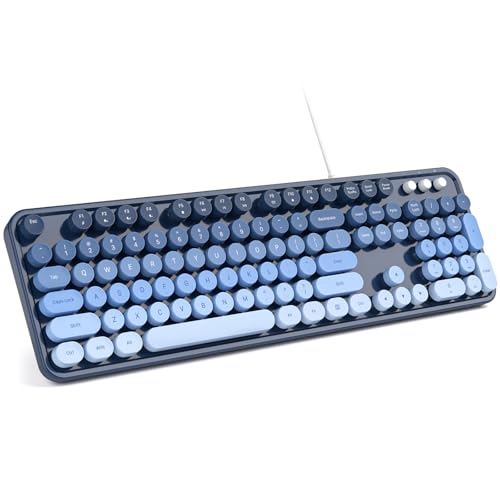 Image of MOWUX Computer Keyboard Wired, Plug and Play USB Retro Round Typewriter Keyboard, Full Size Wired Keyboard with Foldable Stands for Laptop and Office PC- Sea Blue Gradient