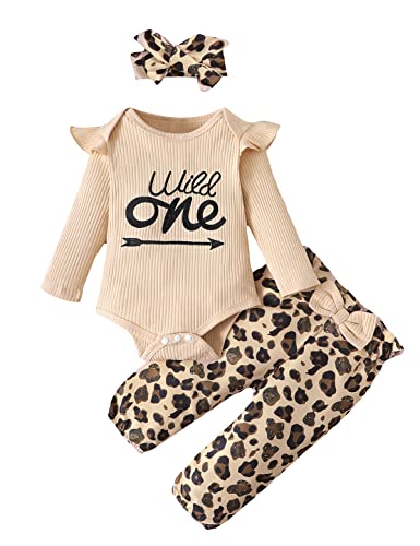 Shalofer Baby Girl 1st Birthday Outfit Wild One Birthday Bodysuit Leopard Clothes Set(Leopard-Long,12-18 Months)