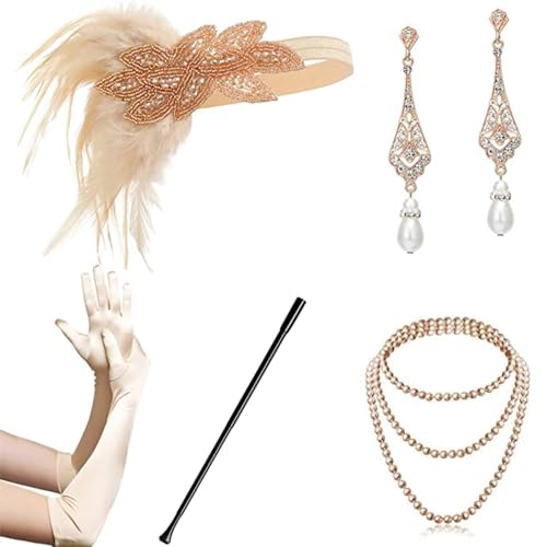 Image of mefound 1920 Accessories Set - Roaring 20's Theme Flapper Costume Gatsby Accessories Set Fashion Vintage Headband Necklace Earrings Long Gloves bracelet Holder For Women