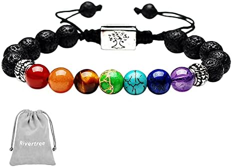 Black Lava 7 Chakra Bracelet Real Stone Crystals Bracelets Yoga Anxiety Bangle with Braided Rope for Women Men 8mm Beads