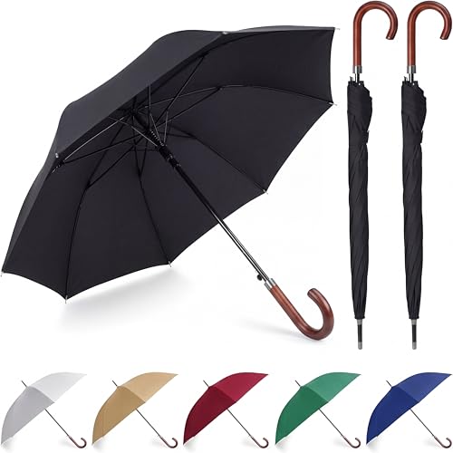 Silkfly 2 Pcs 2/4/6 Pcs 48' Auto Open Umbrella Large Wooden J Stick Handle Vintage Windproof Travel Wedding Fast Drying Umbrella (Black)