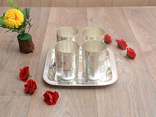 GoldGiftIdeas Silver Plated Amrapali Glass Tray Serving Set, Glassware Set, Water Glasses Set of 4