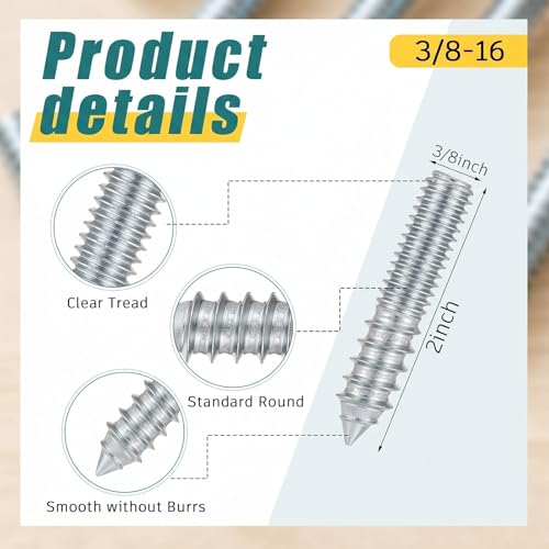 Image of Hicarer 20 Pack 3 /8-16 x 2 Inch Hanger Bolts Double Headed Bolts with Driver Self Tapping Screw Threaded Rod Screws for Furniture Double Headed for Wood Furniture Joint