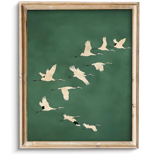 SQGGZH Vintage Wall Art Emerald Cranes Japanese Print Gold Accents Eclectic Wall Art Botanical Still Life Illustration Neutral Woodland for Gallery Bedroom, Kitchen, Living Room or Office -8" x 10"-UNFRAMED