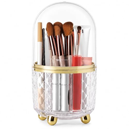 Image of FAVORTALK Make Up Brush Holder 360 Rotating Makeup Brush Holder Organizer Dustproof Brushes Container for Vanity Cosmetics with Clear Lid (Gold)