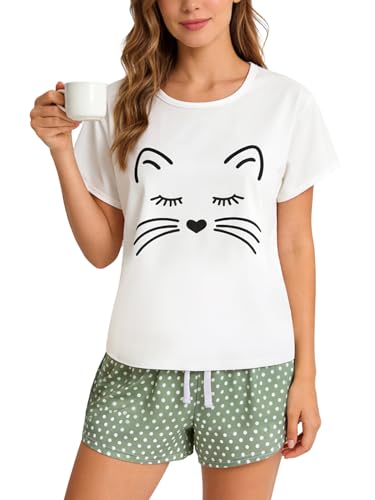 VENTELAN Pajamas for Women 2 Piece Cute Cat Sleepwear Pajama Sleep Set, Green, X-Large(USA Size:16-18)