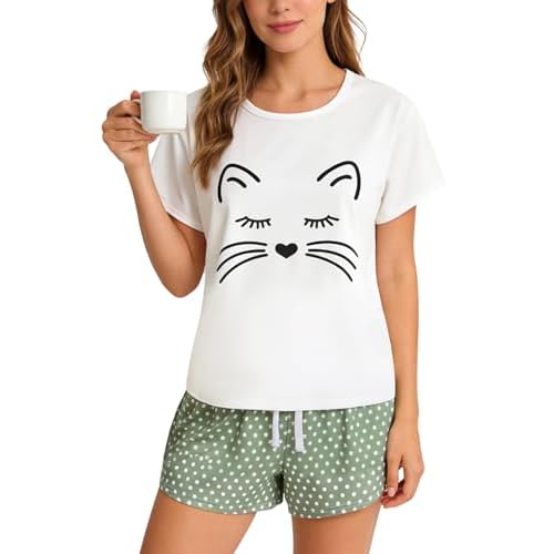 VENTELAN Pajama Set For Women Cute PJS Summer Short Sleeve Shorts Sleepwear X-Small Green