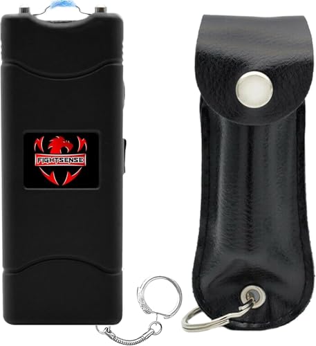 FIGHTSENSE Mini Stun Gun Keychain & Pepper Spray Combo Pack for Self Defense Kit - Extremely Powerful Stun Gun Flashlight for Women (Black)
