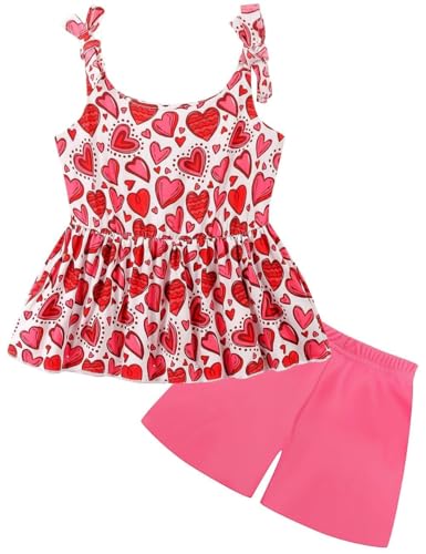 Image of Toddler Girls Clothes Summer Short Set Outfit Tie Knot Shoulder Sleeveless Ruffle Tops and Shorts 2PC Clothing Set