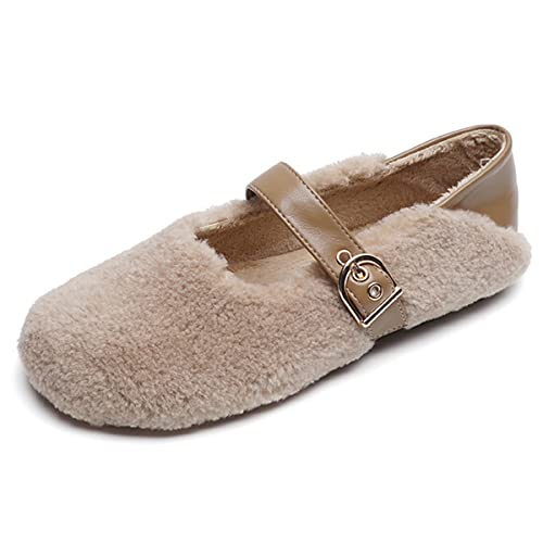 JOEupin Women's Slip On Fuzzy Mary Jane Flats Warm Loafers House Slippers Home Ballet Flats