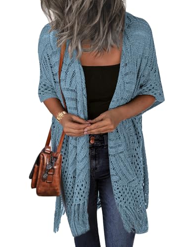 Image of HOTOUCH Womens Knit Cardigan Open Front Outwear Hollow Out Crochet Tassel Lightweight Kimonos Sweater S-XXL