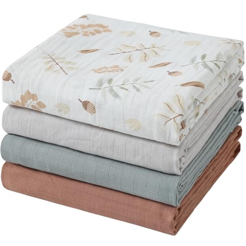 Image of POMISO Muslin Swaddle Blankets for Boys & Girls, 4 Pack Receiving Baby Blanket for Newborns, Large 47 x 47 Inches, Soft Breathable Baby Swaddles, Acorn & Earthy Colors