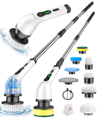 Image of Electric Spin Scrubber, Cordless Cleaning Brush, Shower Scrubber with 8 Brush Heads 2H Power Dual Speed, Adjustable Extension Handle, IPX7 Waterproof for Tub Tile Car Floor Polishers, PA-25.