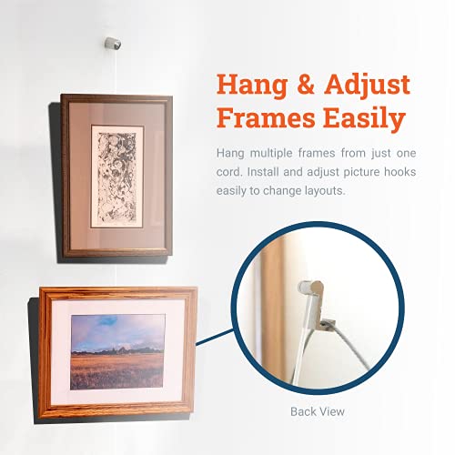 Image of PHS Adjustable Picture Hanging System - Bullet Hanger with Nylon Cable & Gallery Hooks - Art Hanging System - Art Cable Supports 25 lbs - No Track Needed