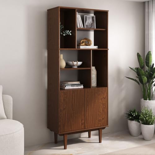 IDIMEX Buffet Haut Simona 80x188 cm en Bois Massif Coloris châtaignier avec 2 Portes 6 Étagères, Vaisselier en Hauteur, Style Vintage Scandinave Années 50,...